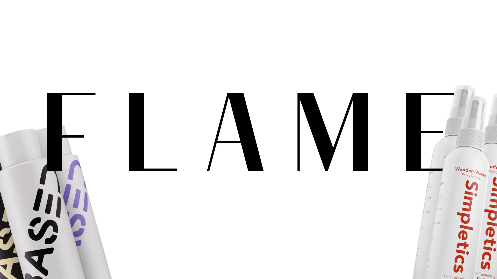 Productos de cuidado capilar Based y Simpletics junto al logotipo Flame